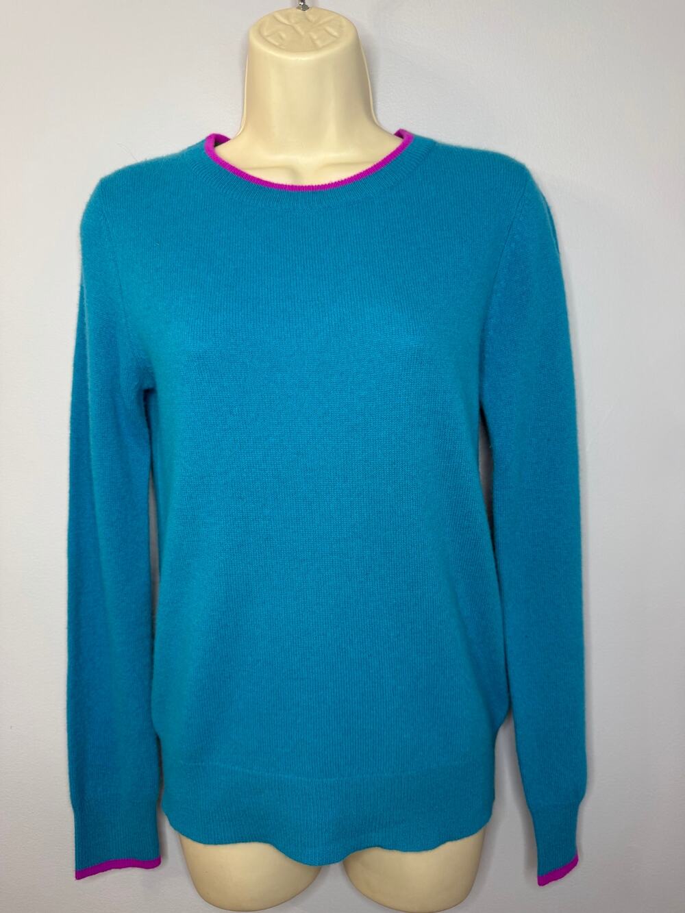 In Cashmere Crew Neck Sweater Teal Blue pink Trim  Luxury Cashmere Women's S